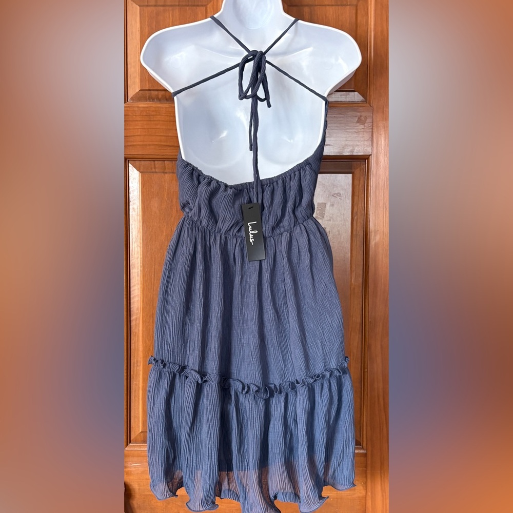 Lulu's Slate Gray Backless Halter Tiered Mini Dress - Picture 3 of 11
